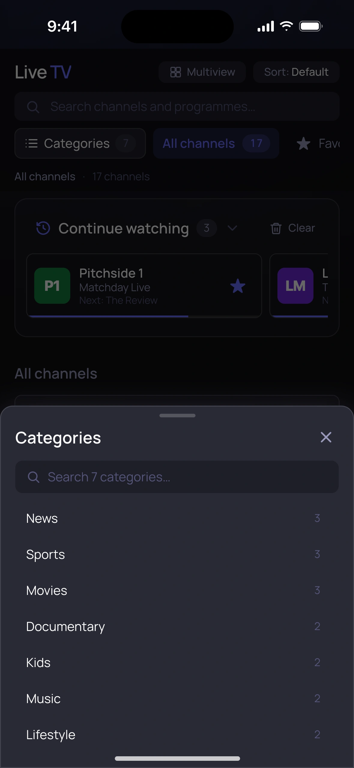 The categories sheet, listing each category with its channel count