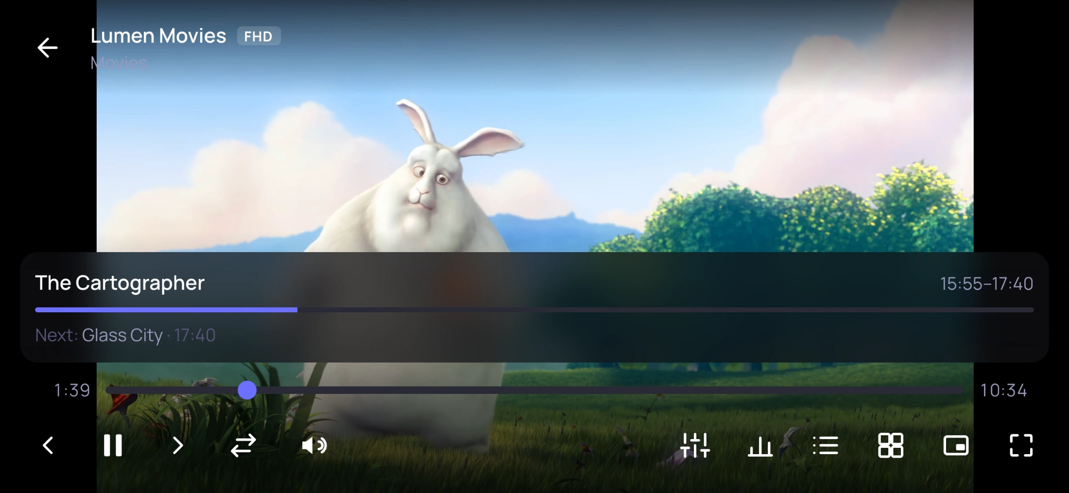 The player in landscape, with the programme on now and playback controls