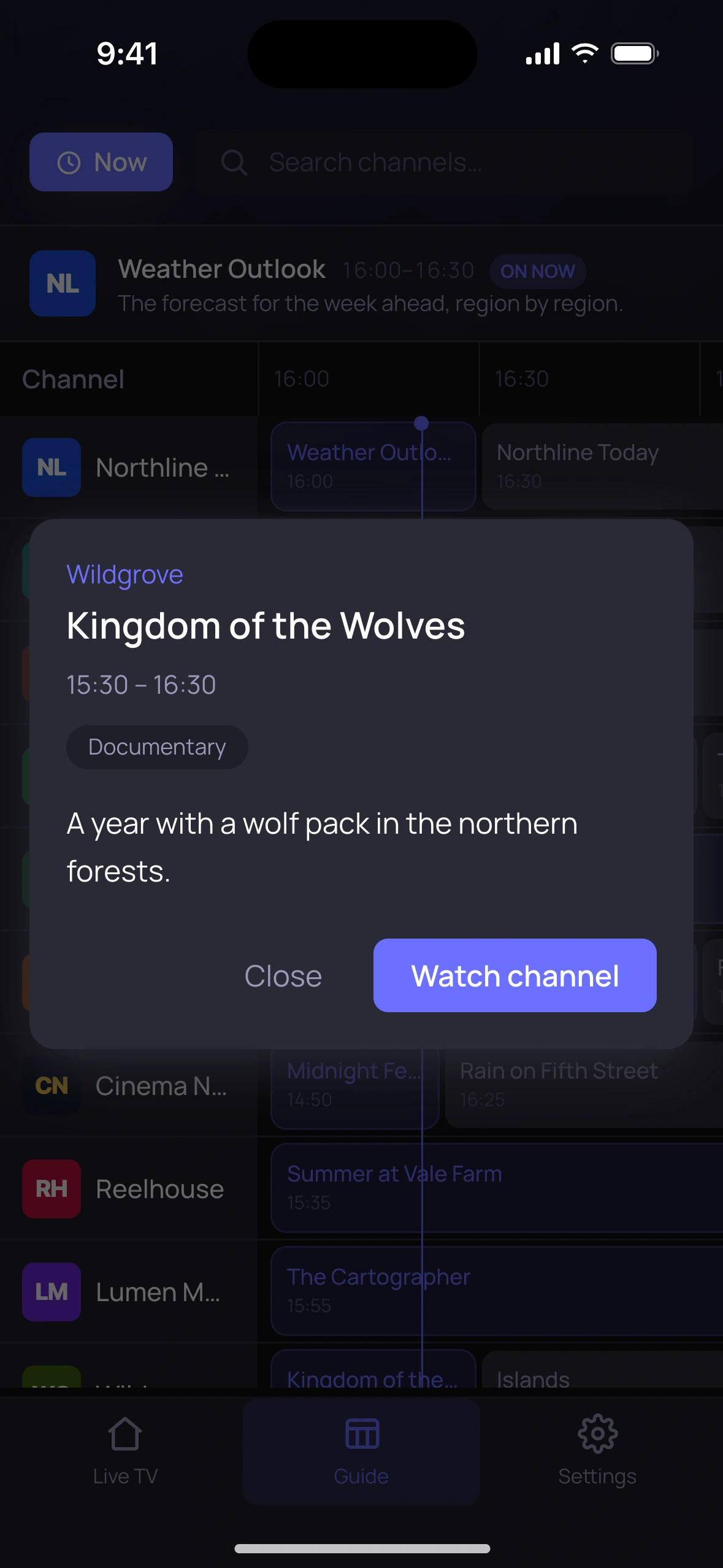 Details of a programme, with a button to watch the channel