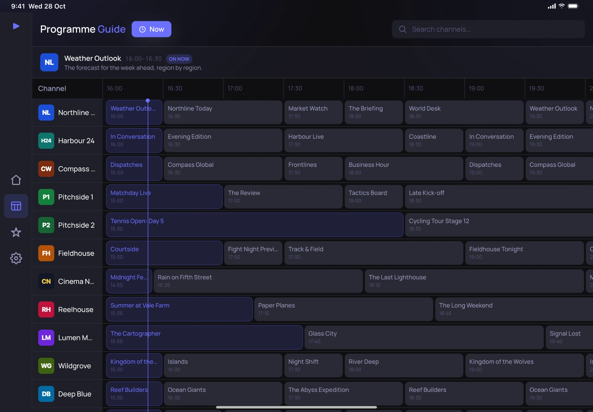 The programme guide on an iPad, showing a day of programmes across many channels